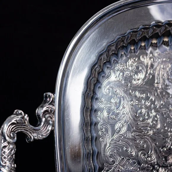 Silver Plated Serving Tray With Intricate Engraving & Handles | Leonard Silver - Picture 7 of 11